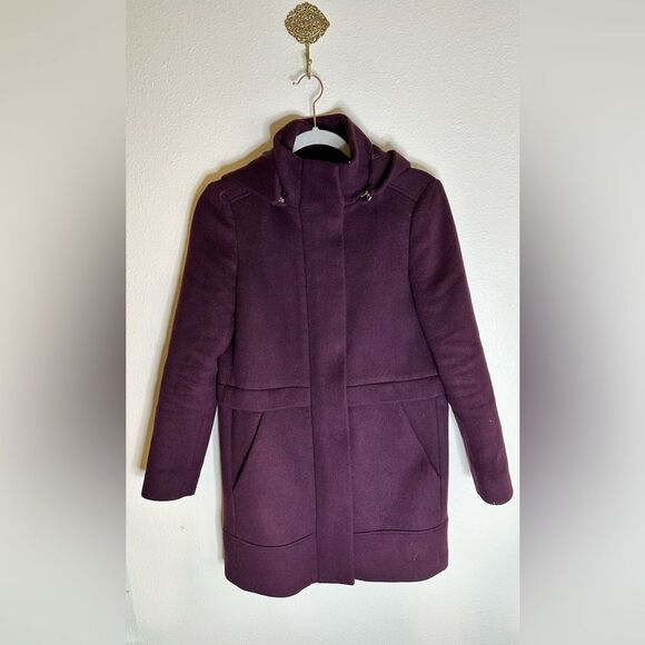 Massimo Dutti Burgundy Wine Wool Blend Zip-up Overcoat Hooded Coat Size 4 - Picture 1 of 7